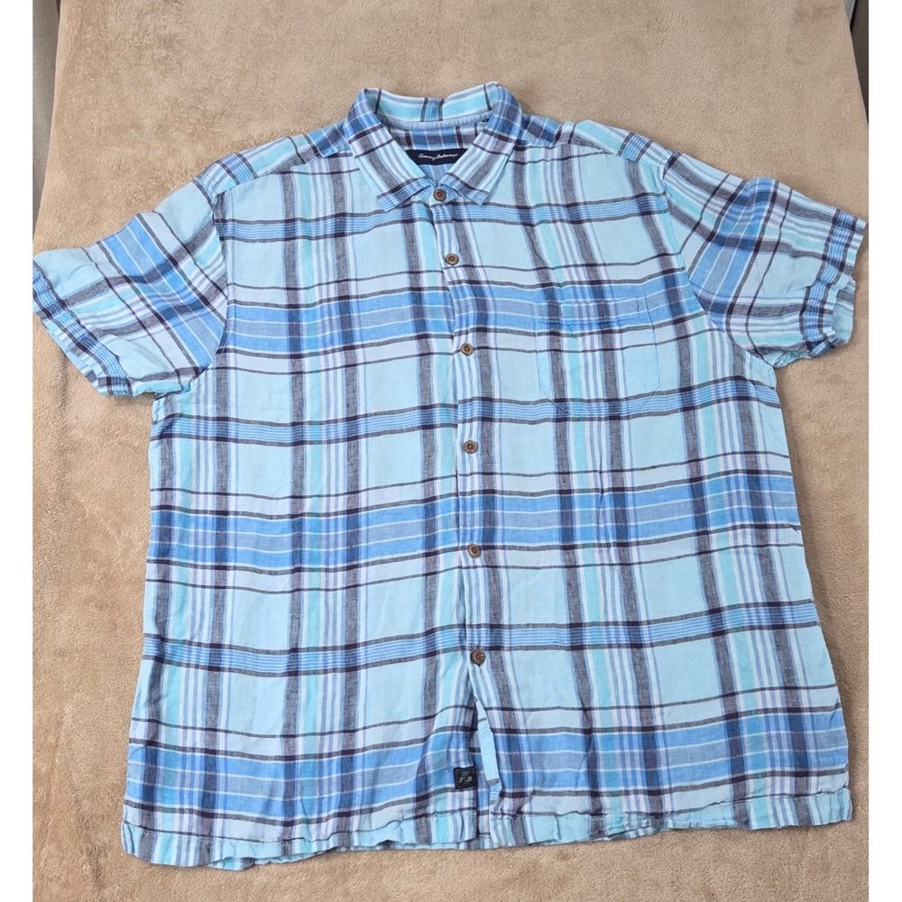 Tommy Bahama Linen Shirt Mens size 2XL Blue plaid Button Up short Sleeve EUC